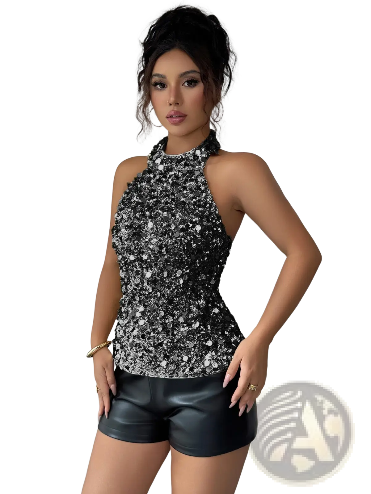 Black and silver sequined halter top with high neckline elegant fitted sleeveless blouse for formal occasions