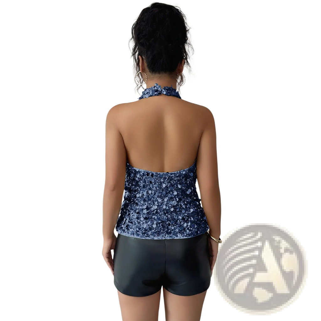 Navy blue sequined halter top with glittery texture and open back design elegant fitted sleeveless blouse
