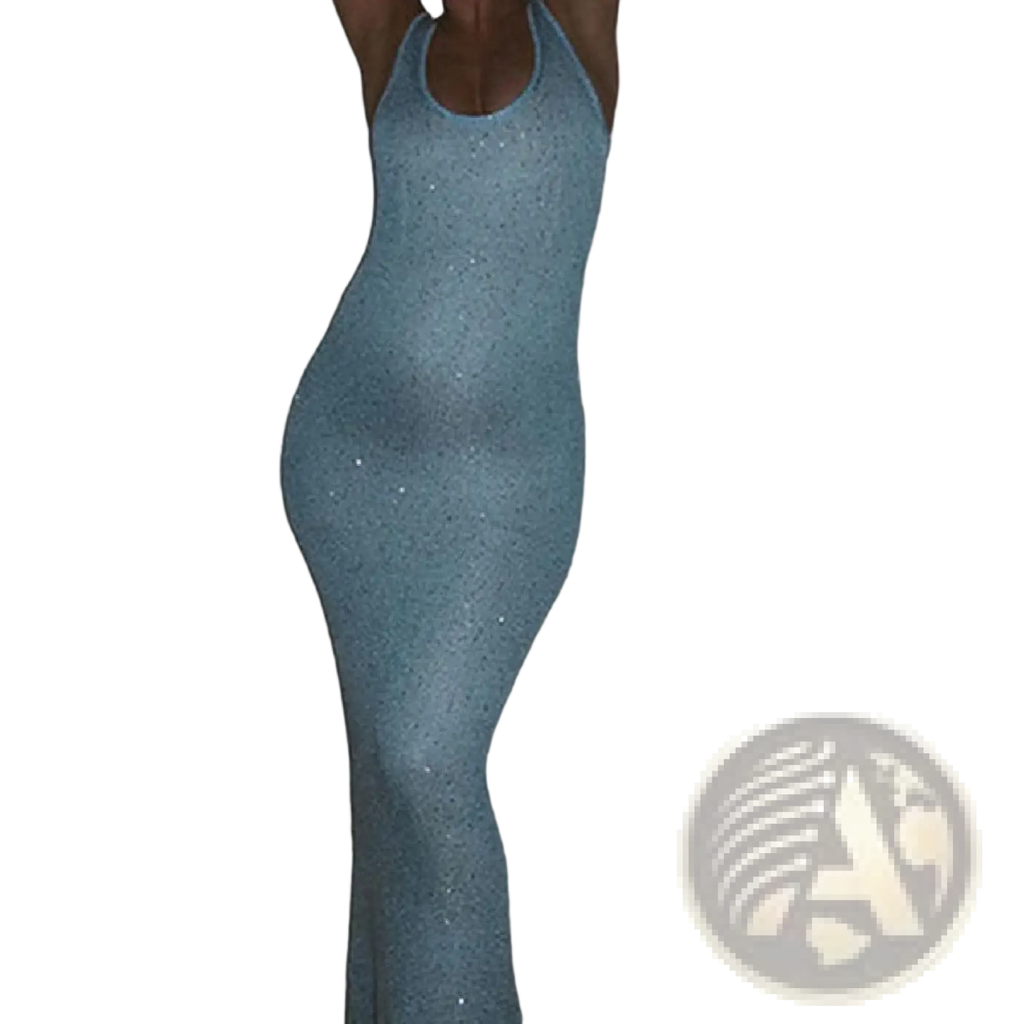 A shimmering light blue sequin knit sleeveless bodycon maxi dress with a halter neck and sparkling texture