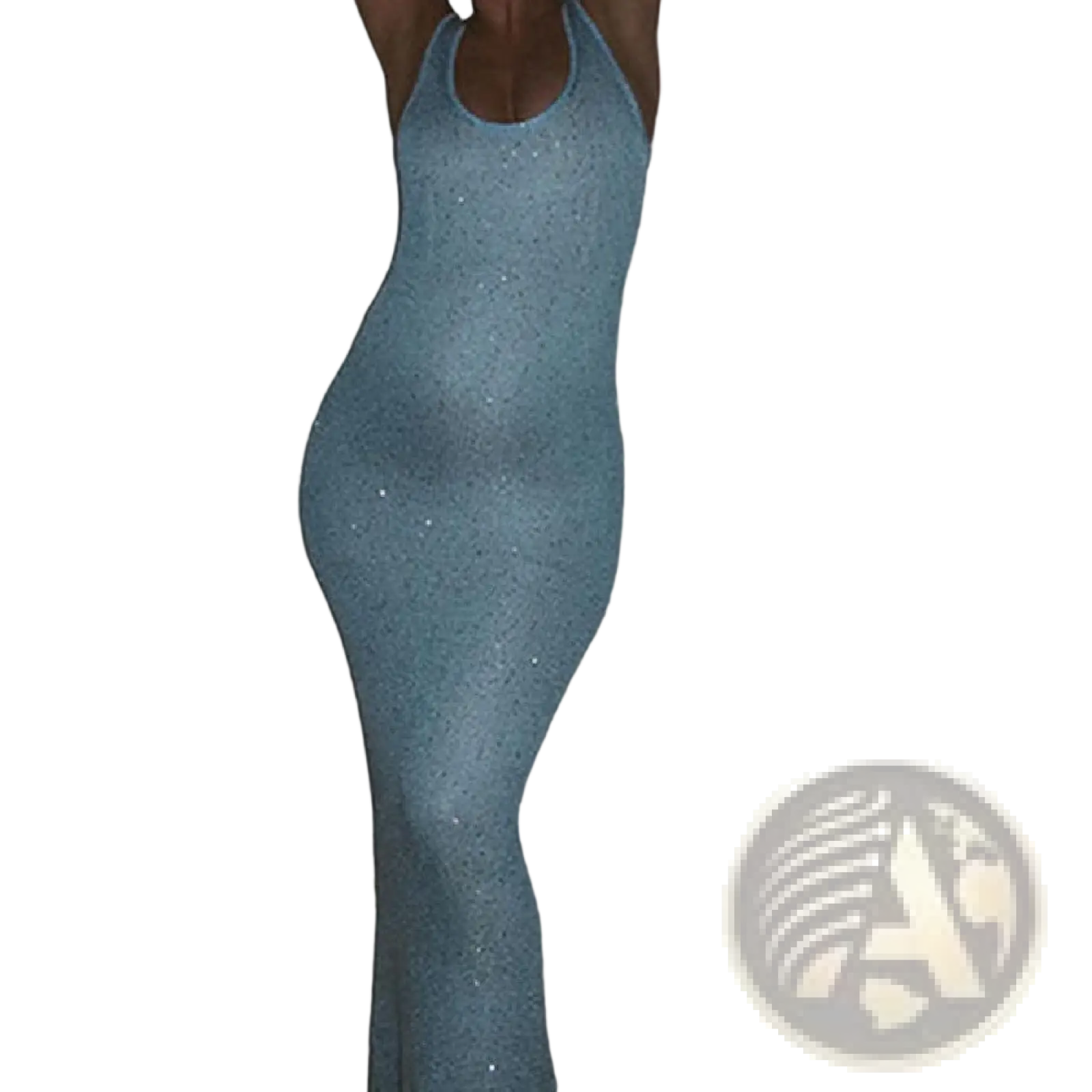 A shimmering light blue sequin knit sleeveless bodycon maxi dress with a halter neck and sparkling texture