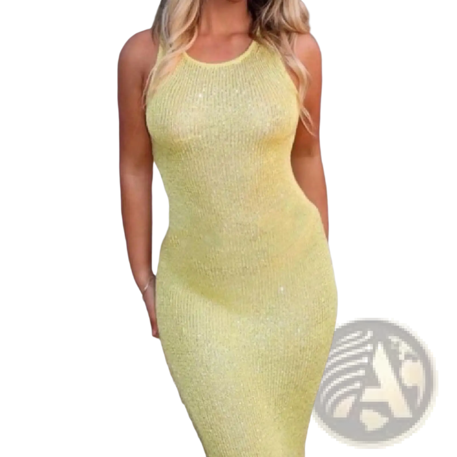 A shimmering yellow sequin knit sleeveless bodycon maxi dress with a fitted silhouette and round neckline