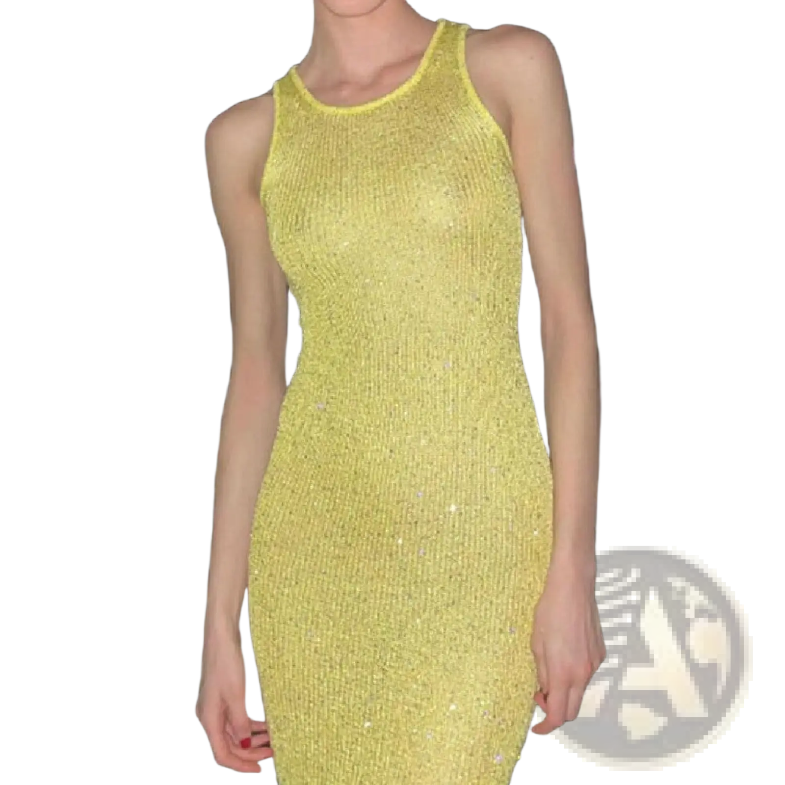A shimmering yellow sequined sleeveless knit bodycon maxi dress with a fitted silhouette