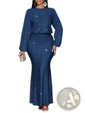 Navy blue sequin lantern sleeve two piece set with starry glitter pleated fabric and fitted mermaid skirt