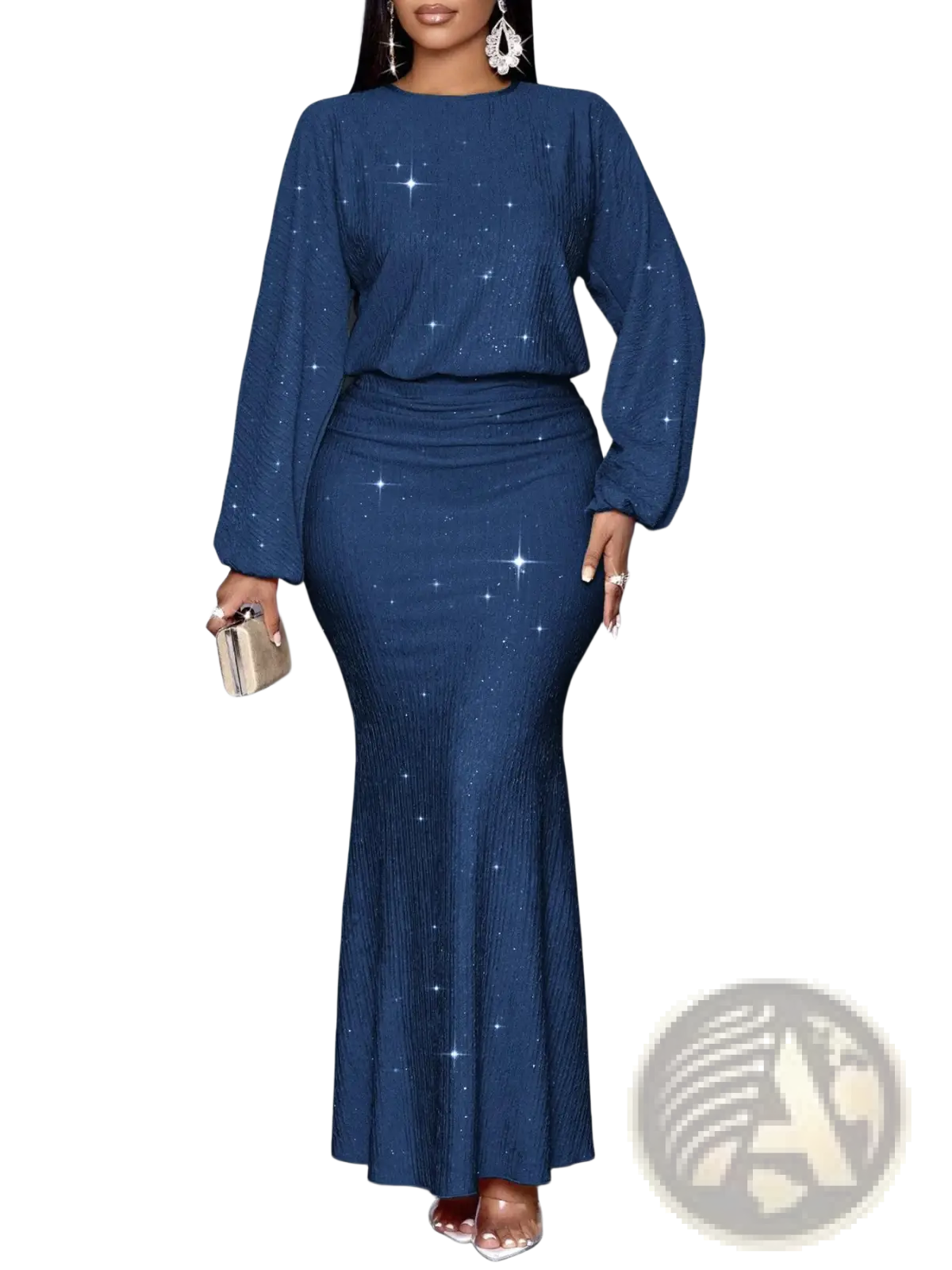 Navy blue sequin lantern sleeve two piece set with starry glitter pleated fabric and fitted mermaid skirt