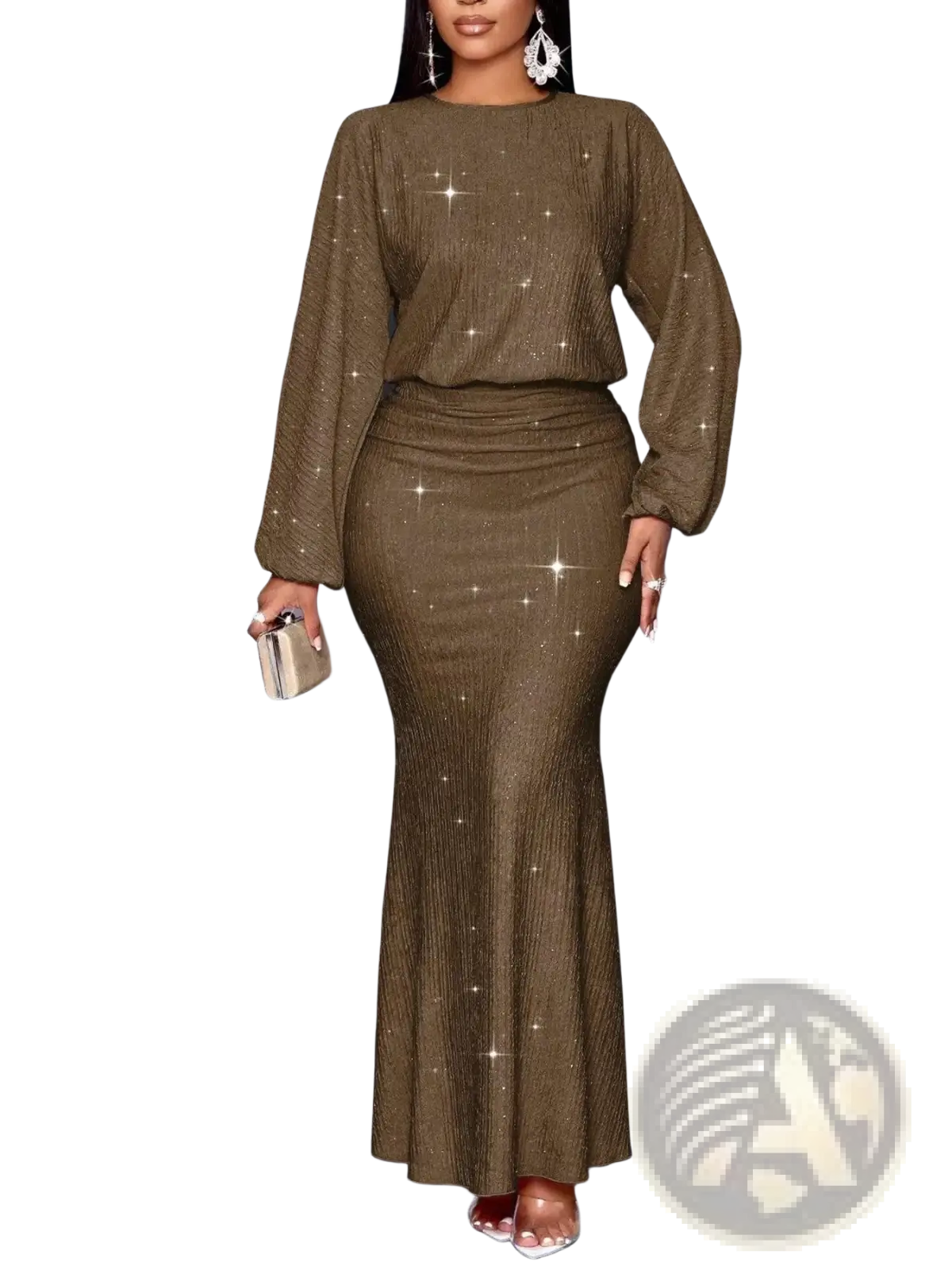 Olive green sequined two-piece set with long lantern sleeves and a mermaid skirt in a formal design