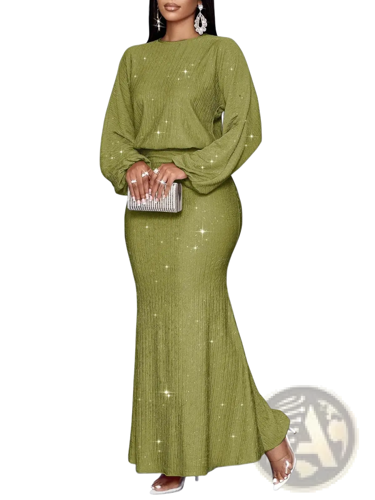 Olive green shimmering pleated sequin two-piece gown with lantern sleeves and fitted mermaid silhouette