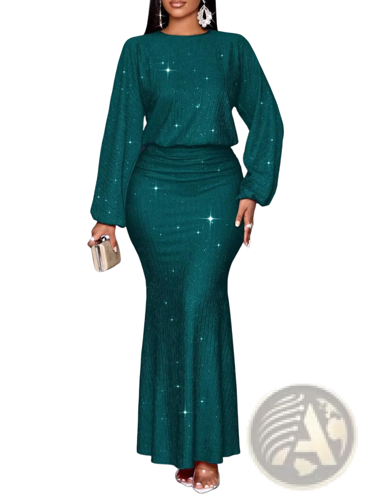 Emerald green sequined two-piece set with lantern sleeves and fitted mermaid skirt for elegant occasions