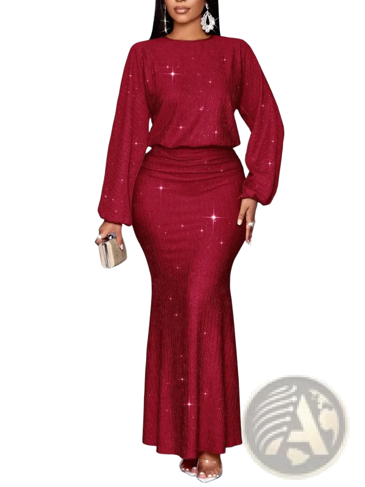 A shimmering burgundy sequin two-piece set with lantern sleeves and a fitted mermaid skirt featuring subtle sparkles