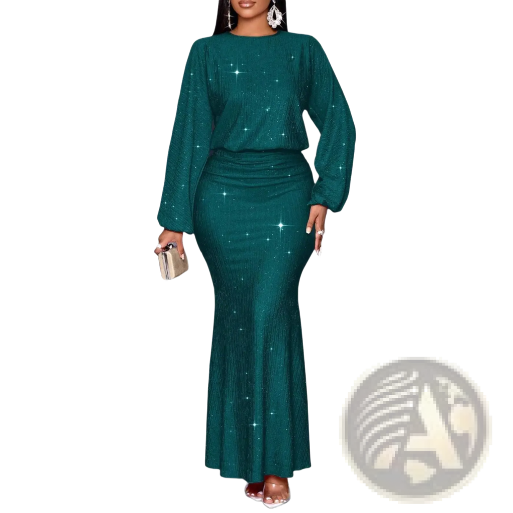Emerald green sequined two-piece set with lantern sleeves and fitted mermaid skirt for elegant occasions