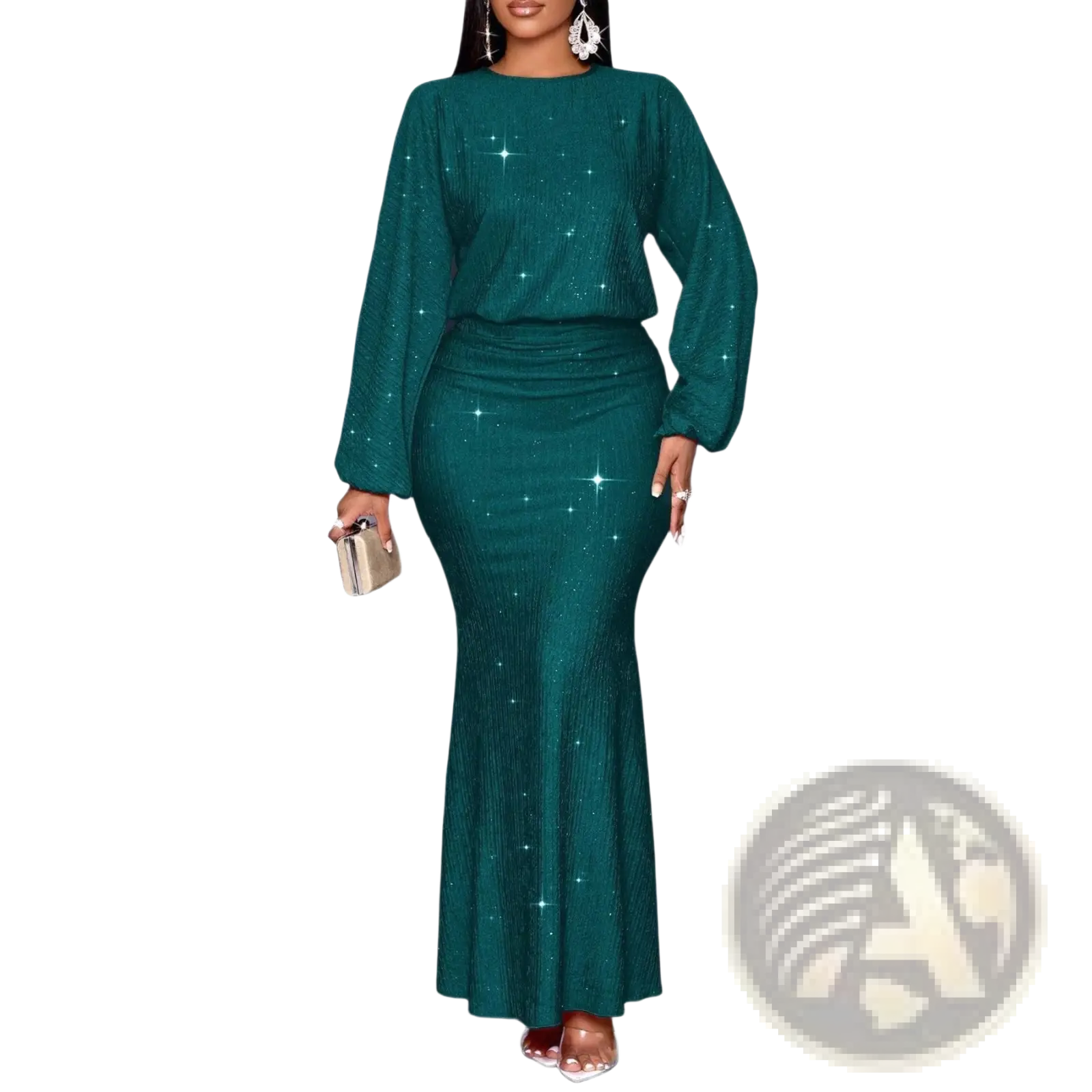 Emerald green sequined two-piece set with lantern sleeves and fitted mermaid skirt for elegant occasions