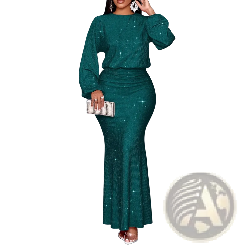 Emerald green sequined two-piece set featuring lantern long sleeves and a mermaid skirt for elegant occasions