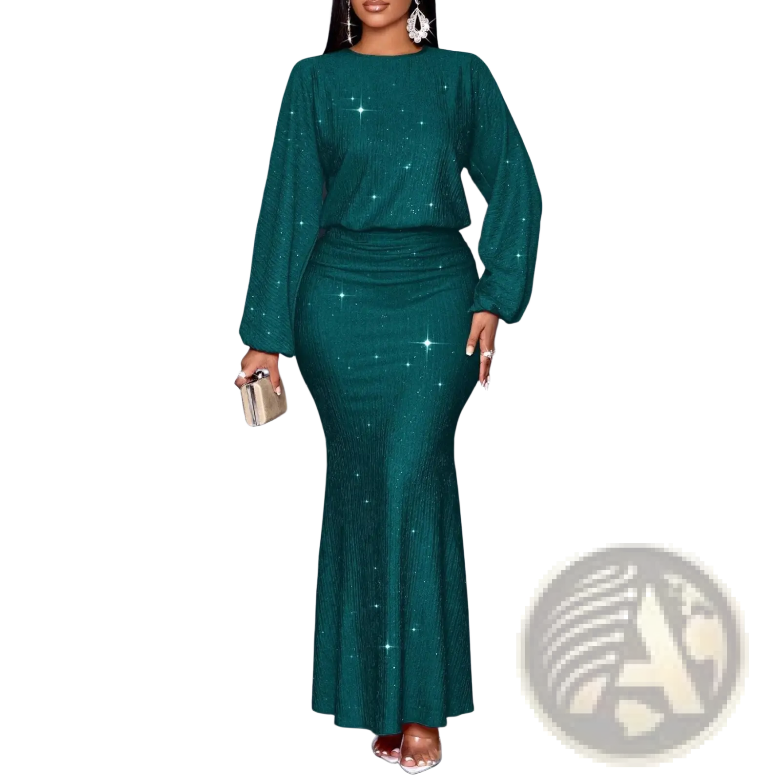 Emerald green sequin lantern sleeve two-piece set with long-sleeved top and sparkling mermaid skirt