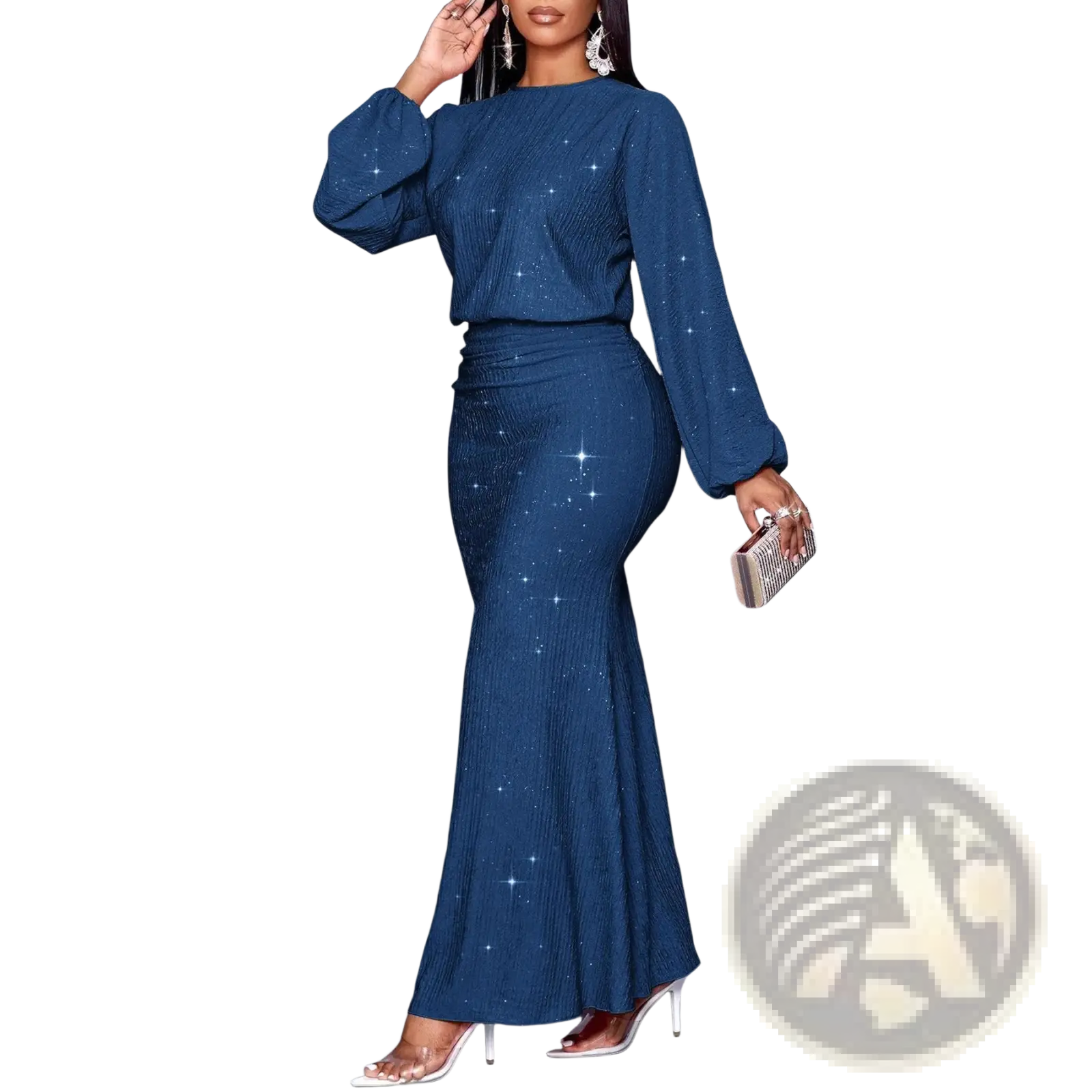 A navy blue starry sequin two-piece set with fitted long sleeve top and flared mermaid skirt