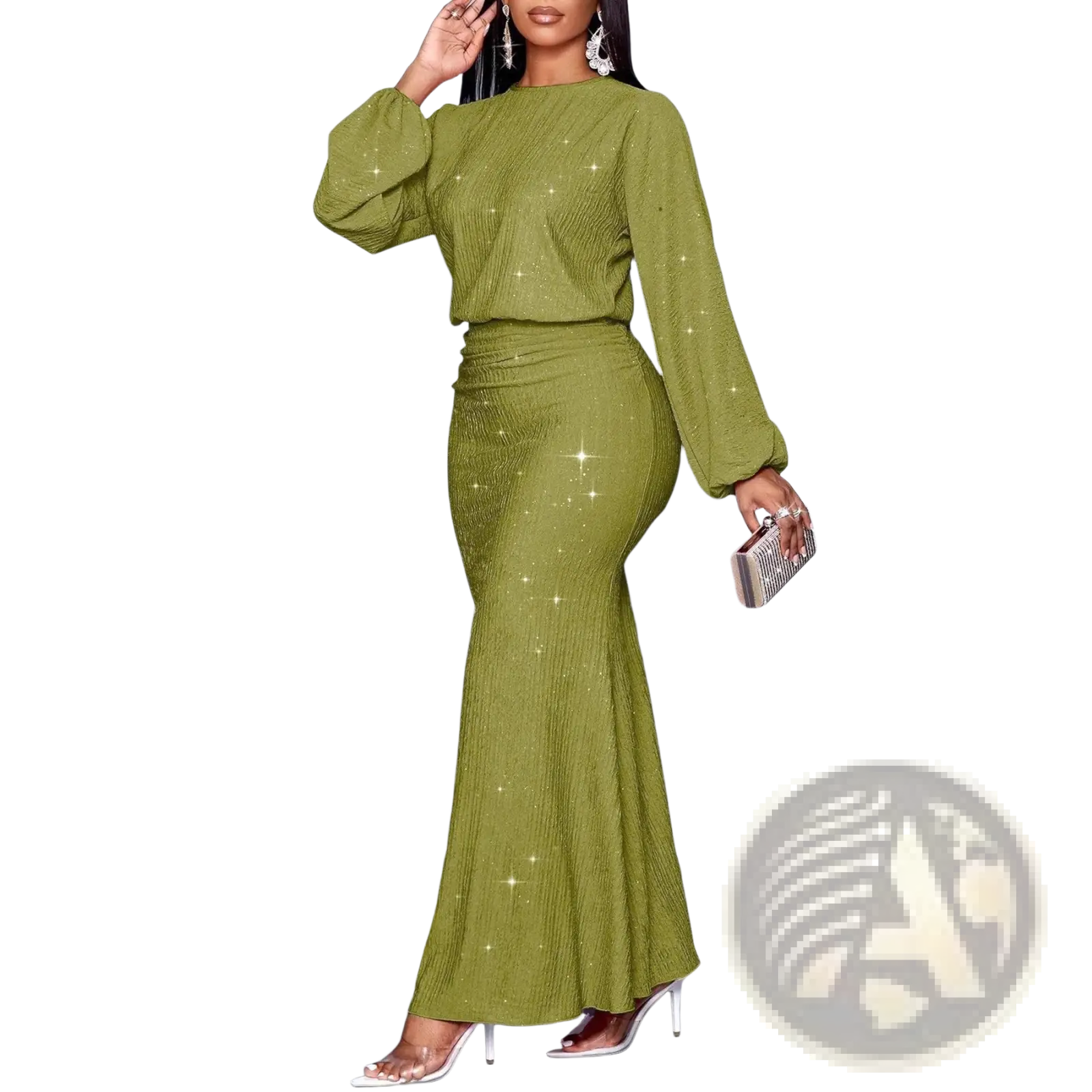 Olive green sequined two piece set featuring lantern long sleeves and a fitted mermaid skirt for elegant occasions