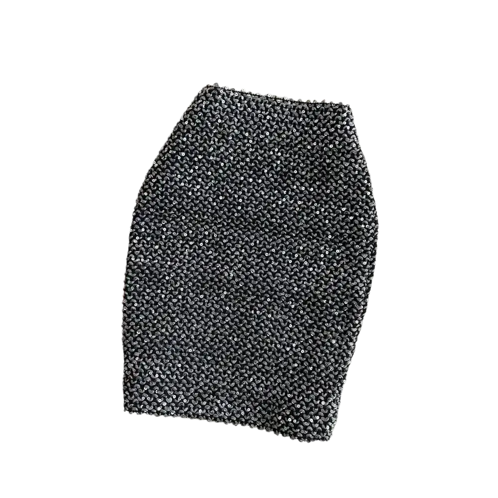 Black sequined mini skirt with tight, form-fitting silhouette for high waist glitter party wear and party wear events