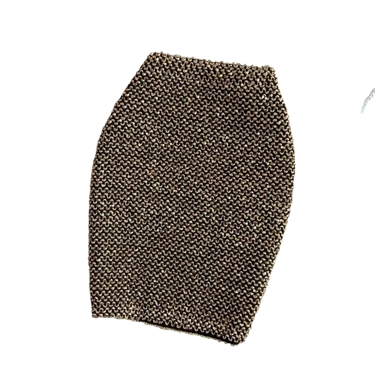 A dark metallic chainmail mini skirt with a tight pattern designed for glitter party wear and high waist party wear