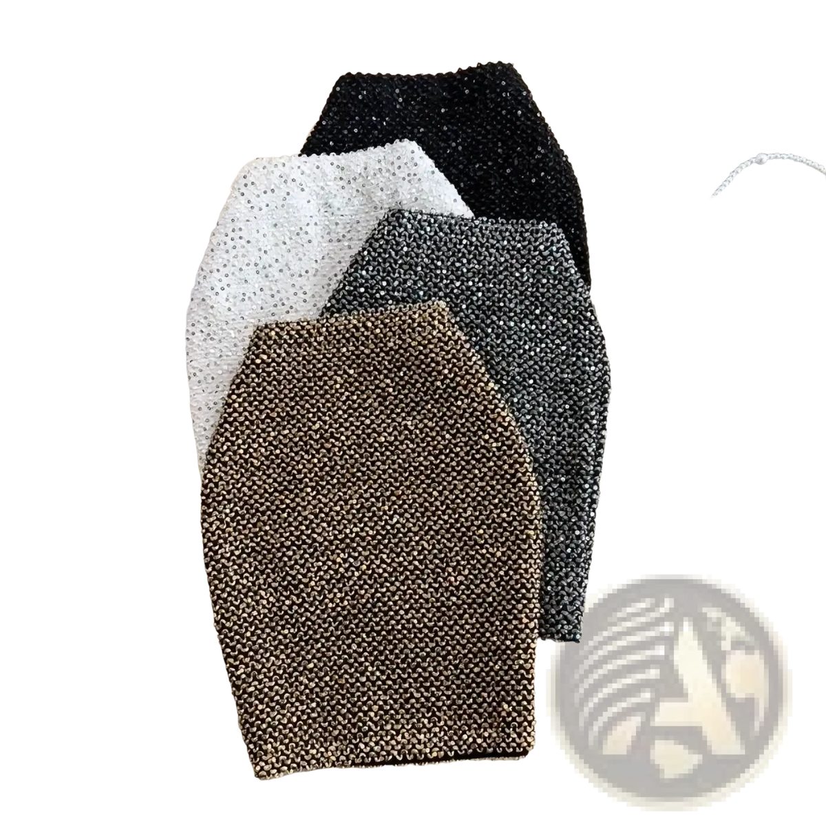 Four knitted sequin mini skirts in black white gray and gold high waist glitter party wear displayed on a white surface
