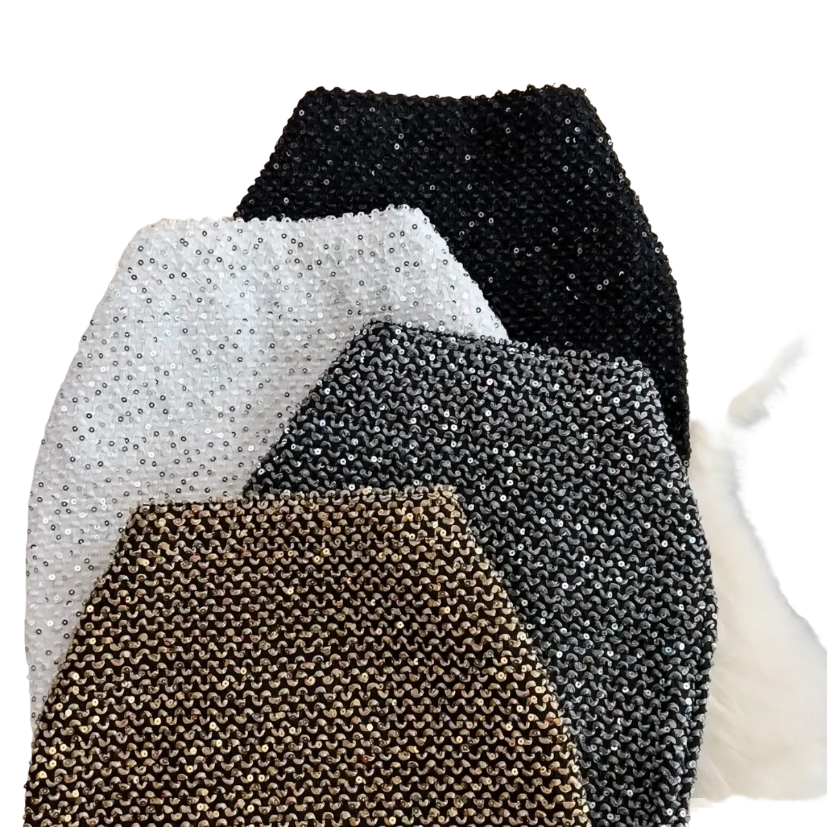 Four high waist sequin mini skirts in black white silver and gold glitter for party wear