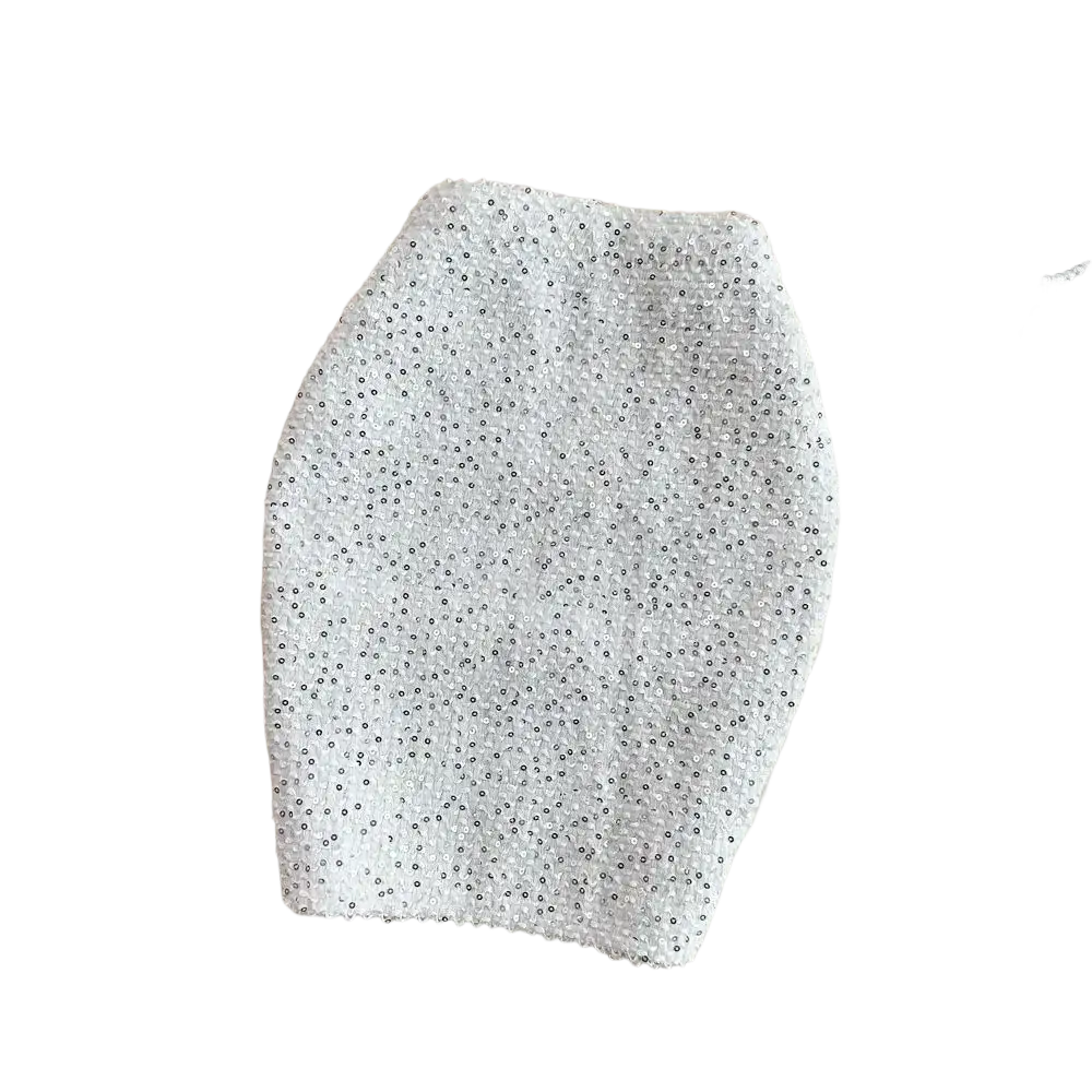 A shimmering silver high waist sequin mini skirt with textured beaded surface for glitter party wear