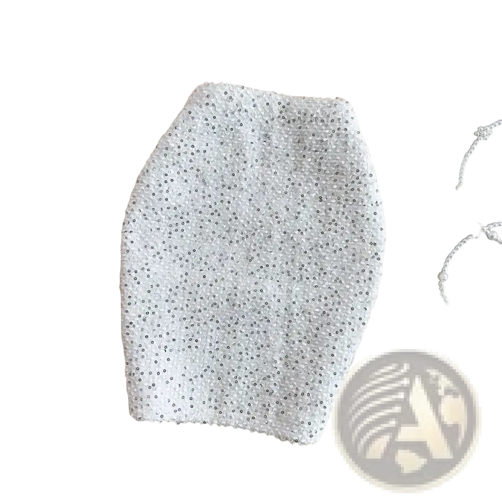 A shimmering silver beaded high waist mini skirt with tight form-fitting design for glitter party wear