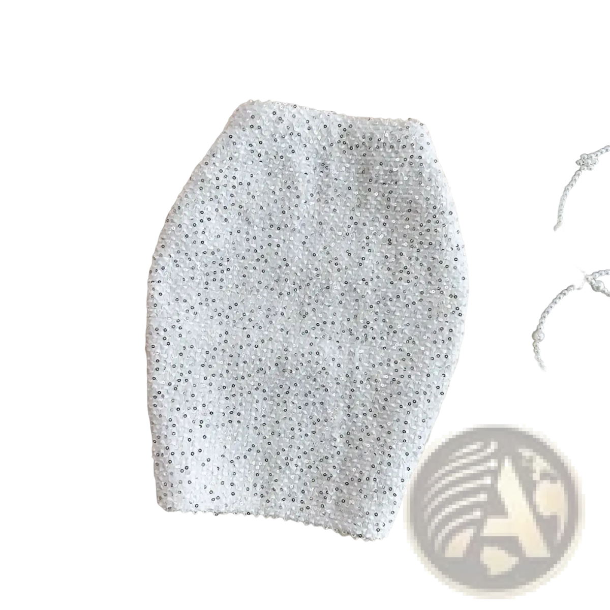 A shimmering silver beaded high waist mini skirt with tight form-fitting design for glitter party wear