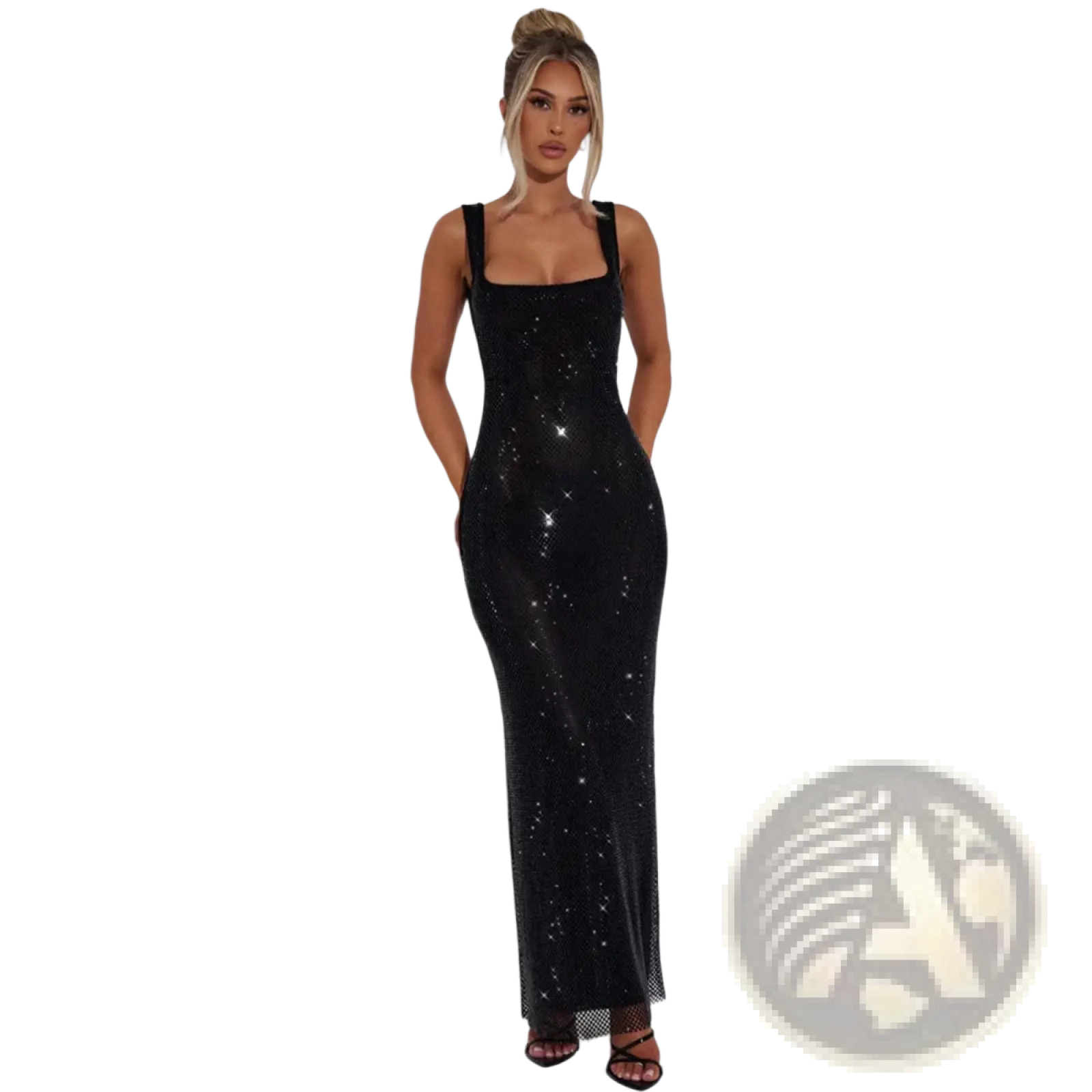 Black sequined bodycon maxi dress with square neckline and thin straps designed for elegant evening wear