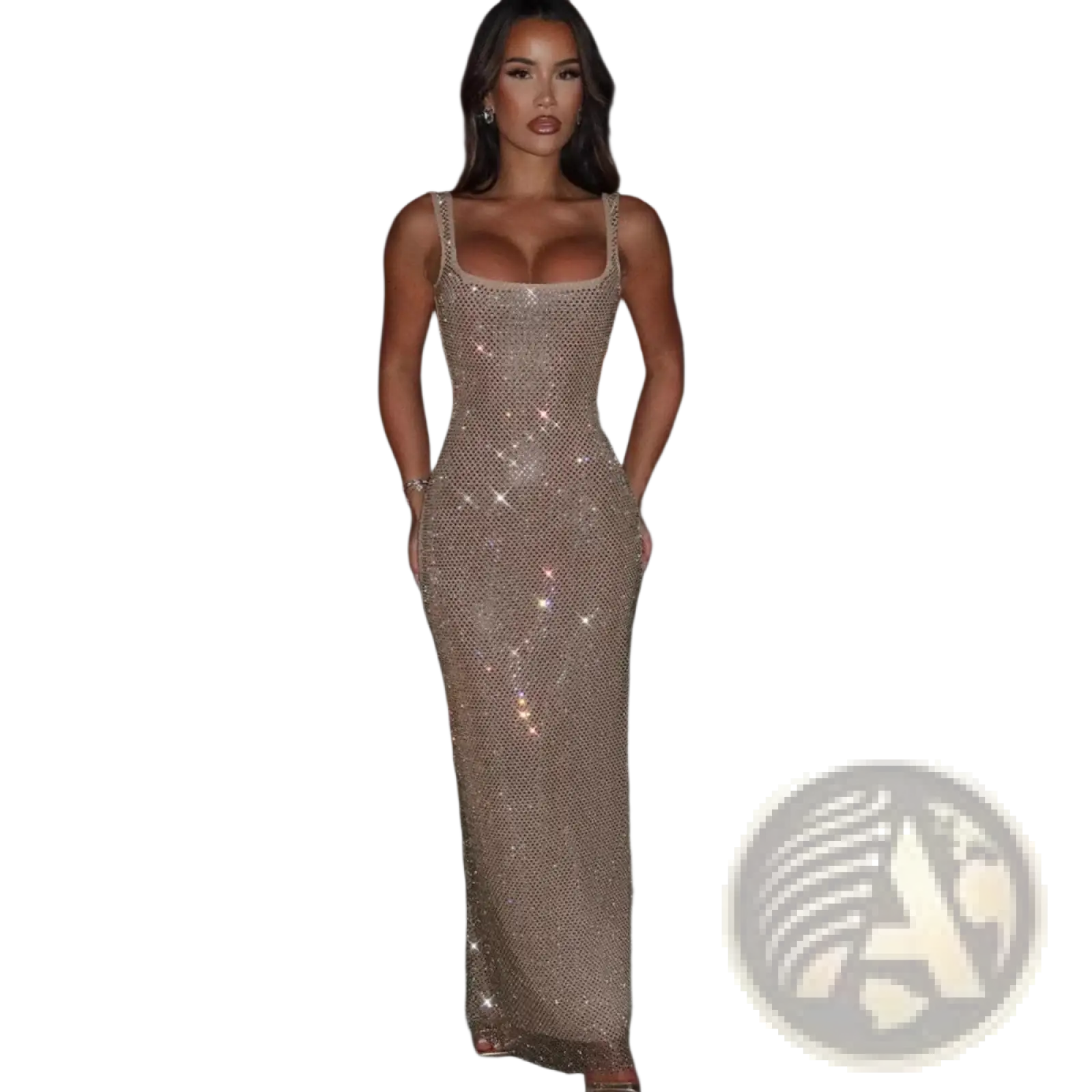 A shimmering gold sequined floor-length bodycon maxi sling dress with a square neckline and thin straps