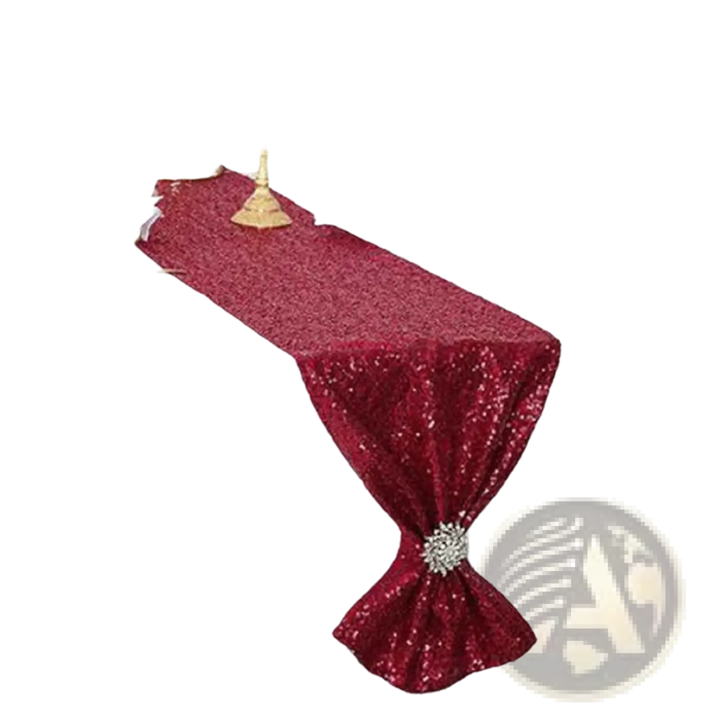 Sequin table runner 12x72 inch party decor in shimmering burgundy sequins with a decorative silver brooch detail