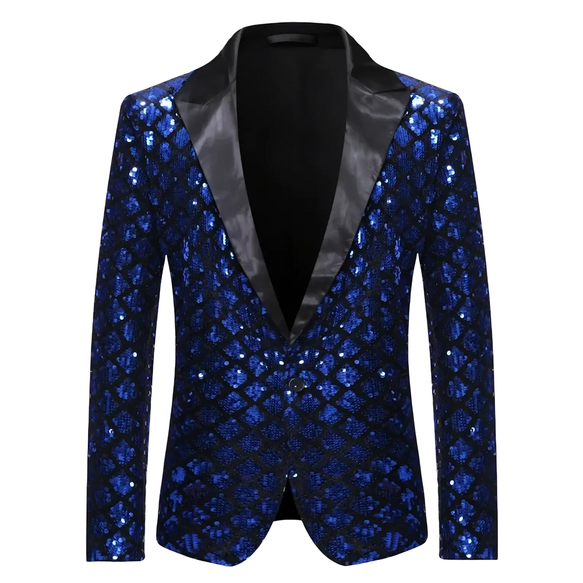 A shimmering royal blue sequined men’s party blazer with black satin lapel and inner lining for stage wear