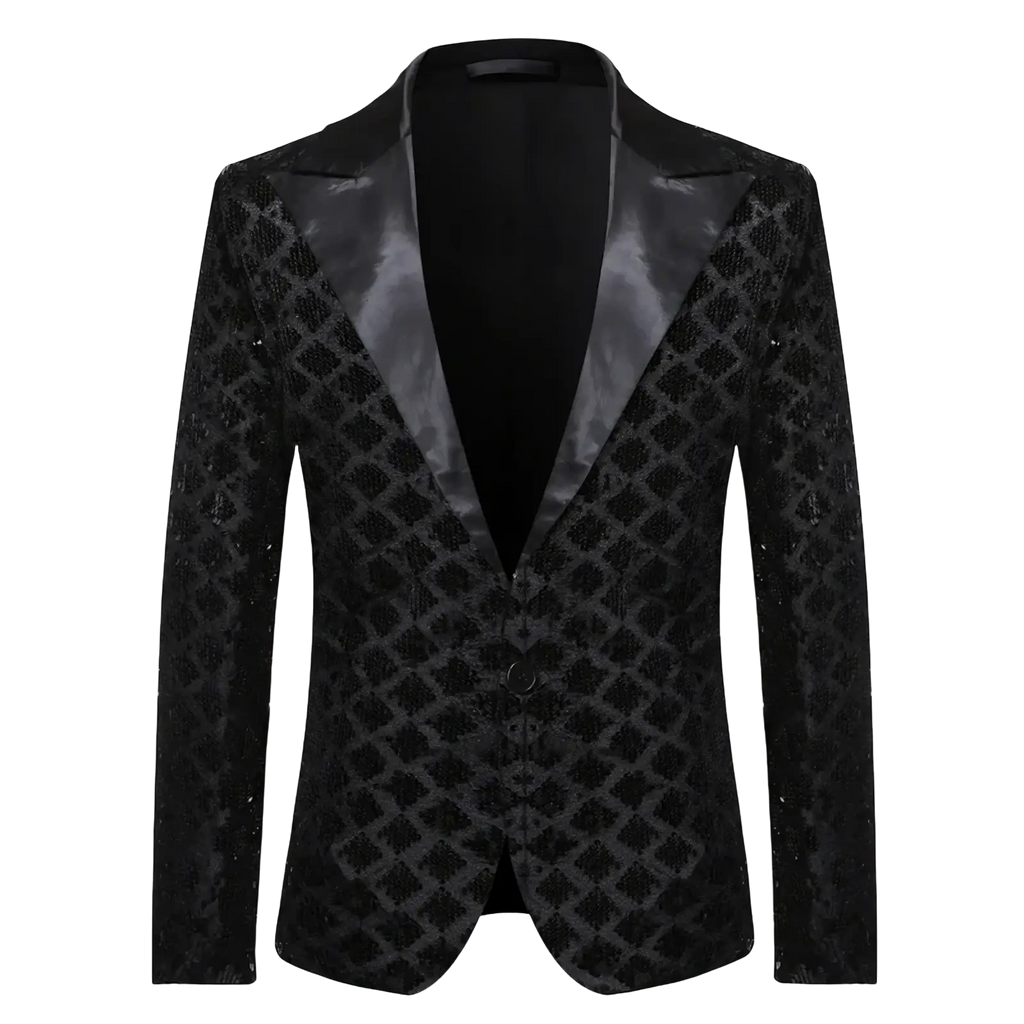 Black sequined men’s party blazer with glossy satin lapel and diamond-patterned design ideal for royal blue stage jacket use