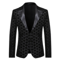 Black sequined men’s party blazer with glossy satin lapel and diamond-patterned design ideal for royal blue stage jacket use