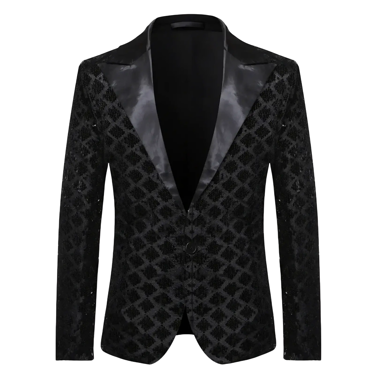Black sequined men’s party blazer with glossy satin lapel and diamond-patterned design ideal for royal blue stage jacket use