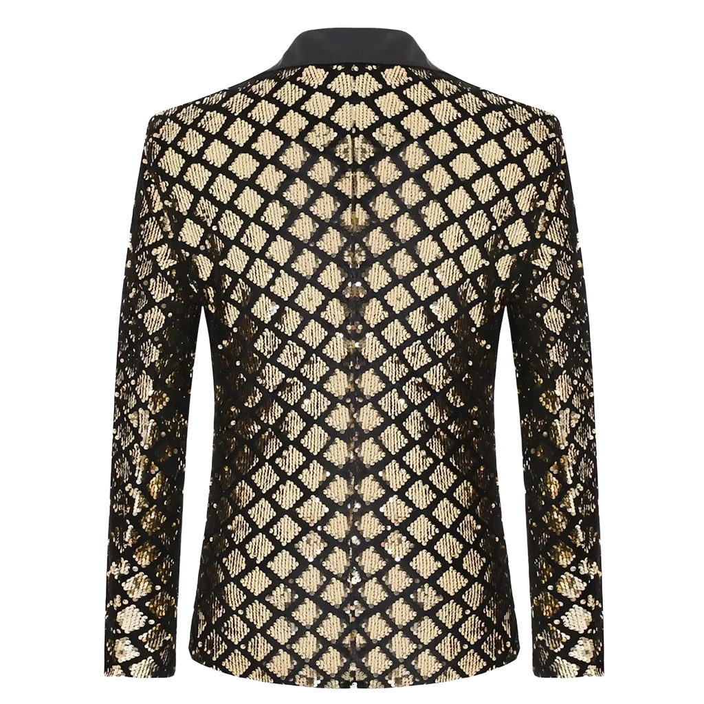 Black and gold sequined men’s party blazer with diamond-patterned design perfect for royal blue stage performances