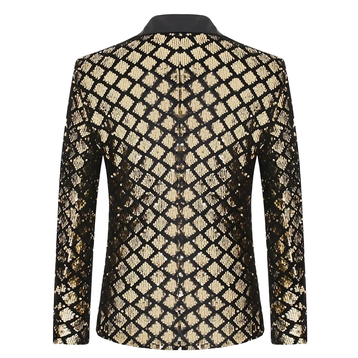 Black and gold sequined men’s party blazer with diamond-patterned design perfect for royal blue stage performances