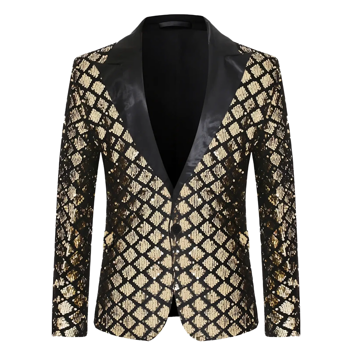 Black and gold sequined men’s party blazer with diamond pattern suitable for royal blue stage jacket use