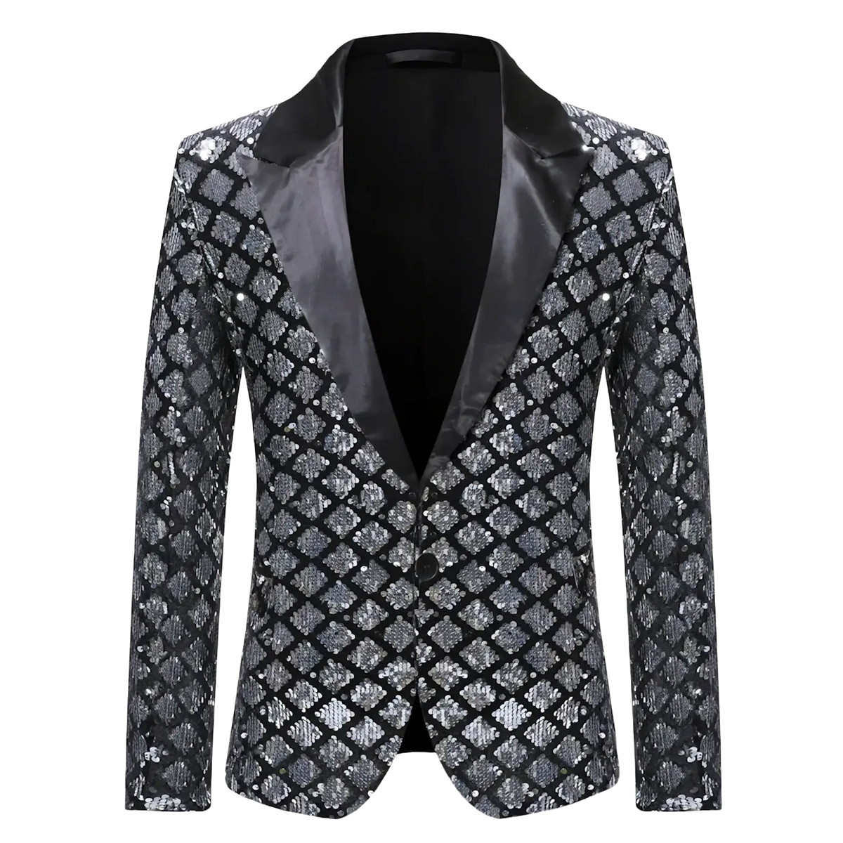Sequined men’s party blazer in shimmering black and silver with satin lapel for royal blue stage jacket look