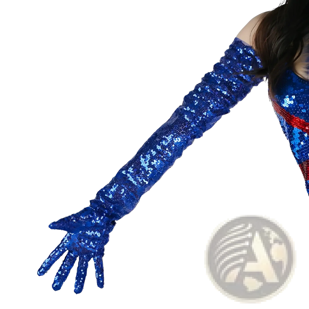 A dazzling royal blue sequined mesh finger glove with ruched design extending above the elbow fully covers the hand