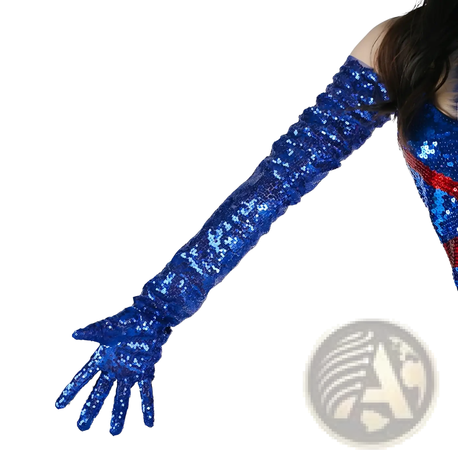 A dazzling royal blue sequined mesh finger glove with ruched design extending above the elbow fully covers the hand