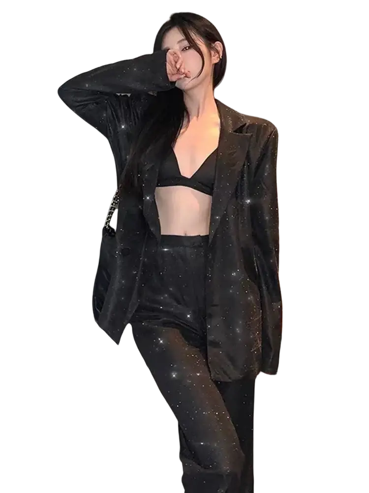 Black sequined oversized blazer for women with sleek tailored fit and subtle shimmer perfect for formal occasions