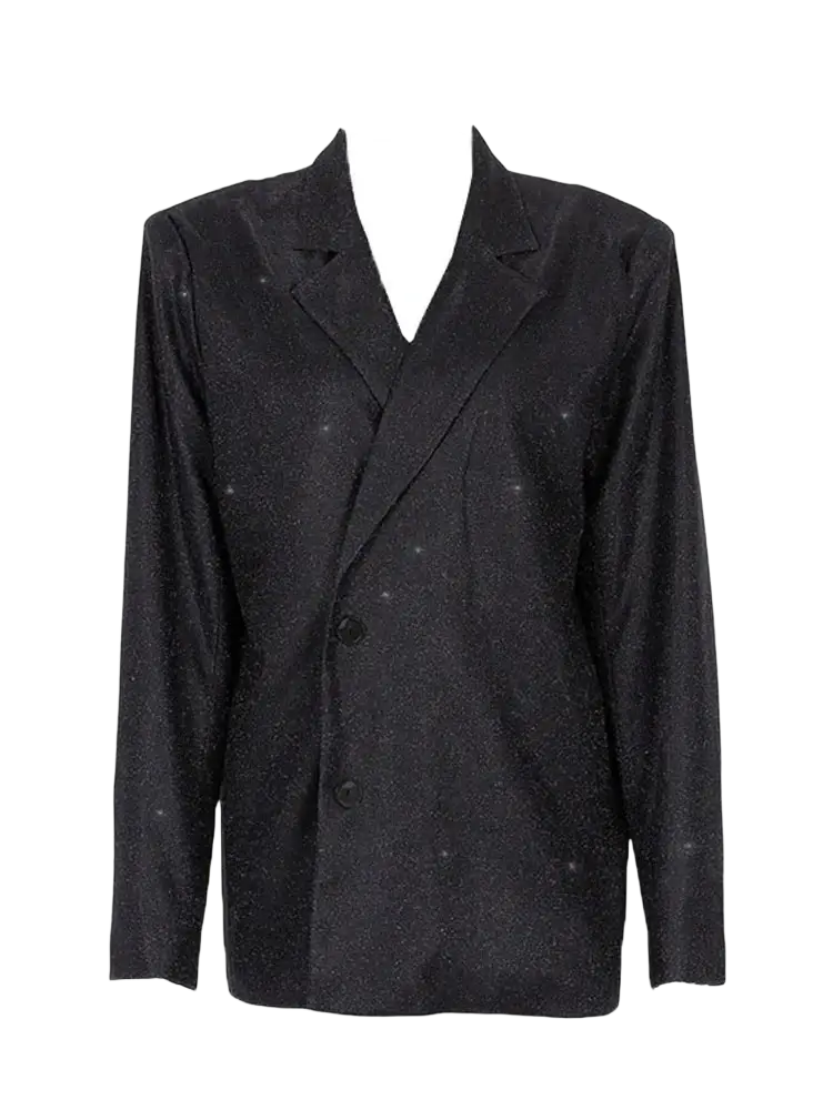 Black sequined oversized blazer for women with subtle shimmering texture and two front buttons