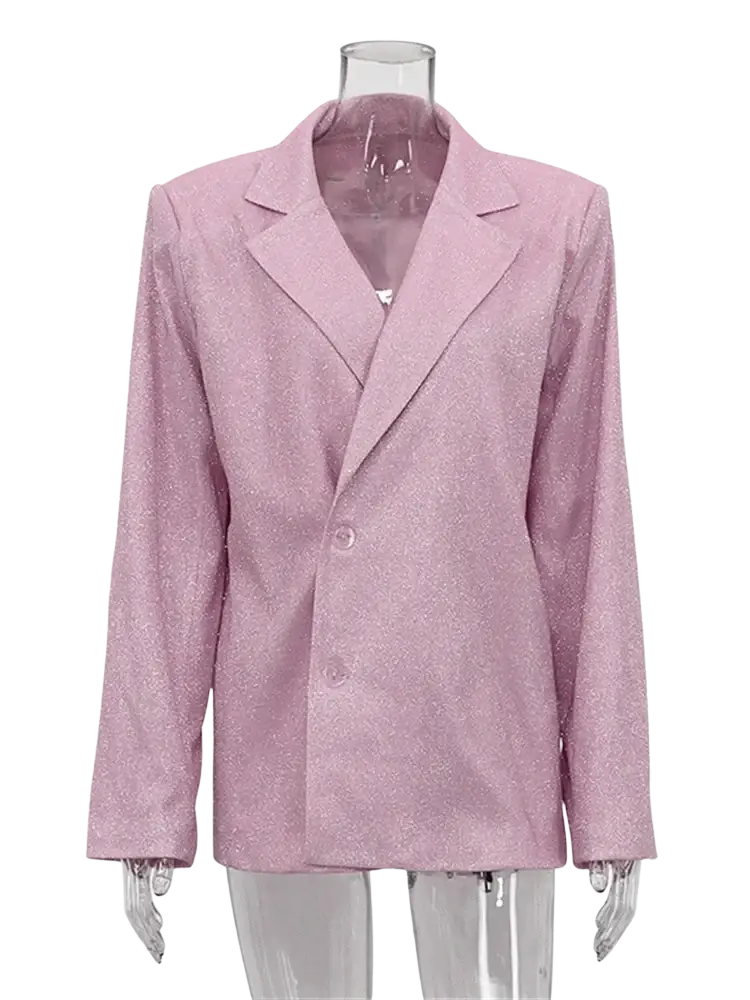 A shimmering pink sequined oversized blazer for women with a subtle glittery texture and double-breasted design