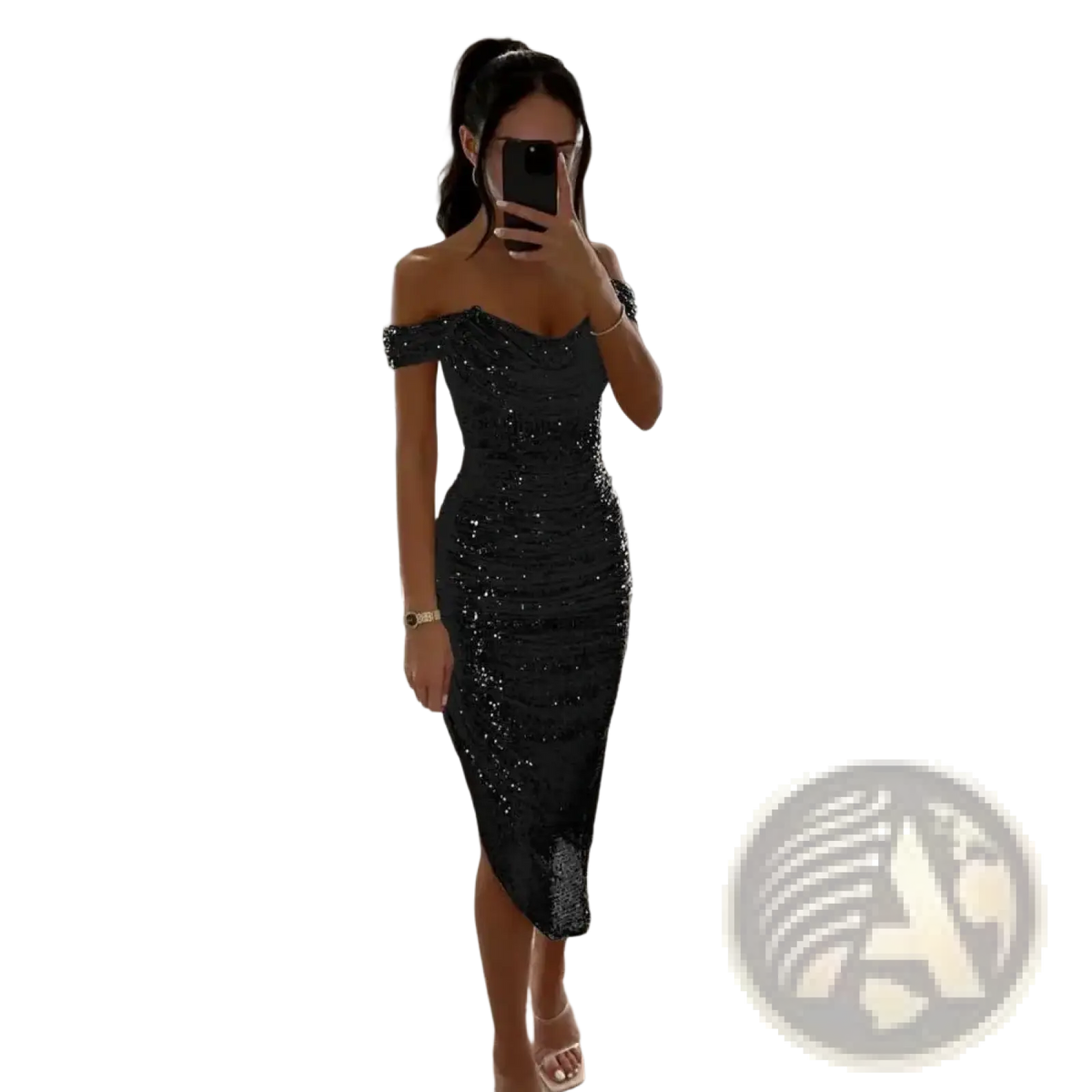 Black off-the-shoulder sequined evening midi dress with fitted silhouette and high slit for formal occasions