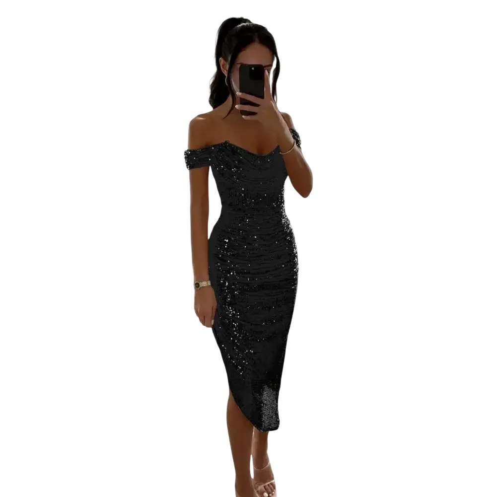 Black off-the-shoulder sequined evening midi dress with fitted silhouette and side slit for formal occasions