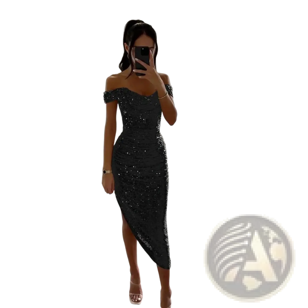 A shimmering black sequined off-the-shoulder evening midi dress with a high slit for formal occasions