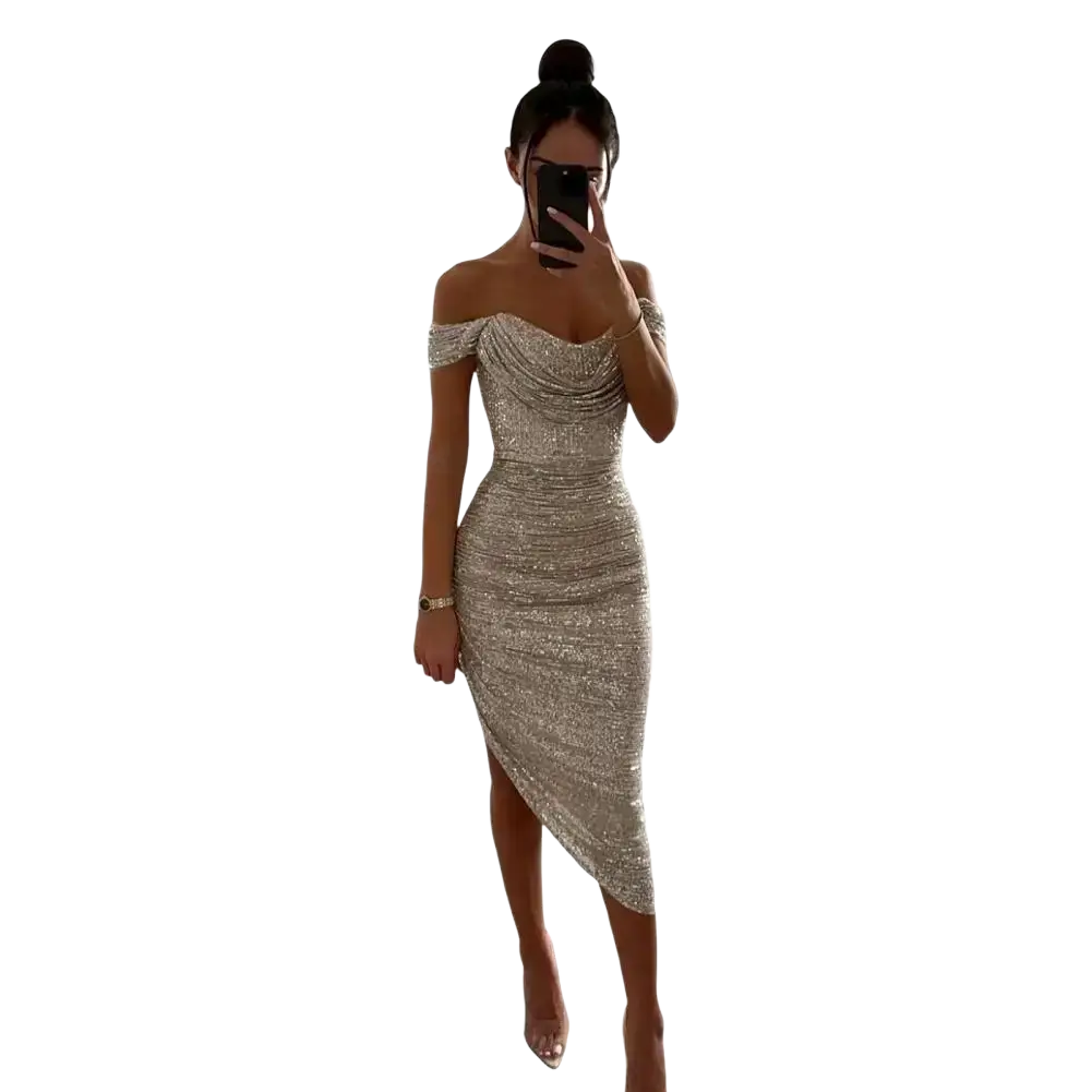 A shimmering gold sequined off-the-shoulder evening midi dress with a fitted silhouette and high slit