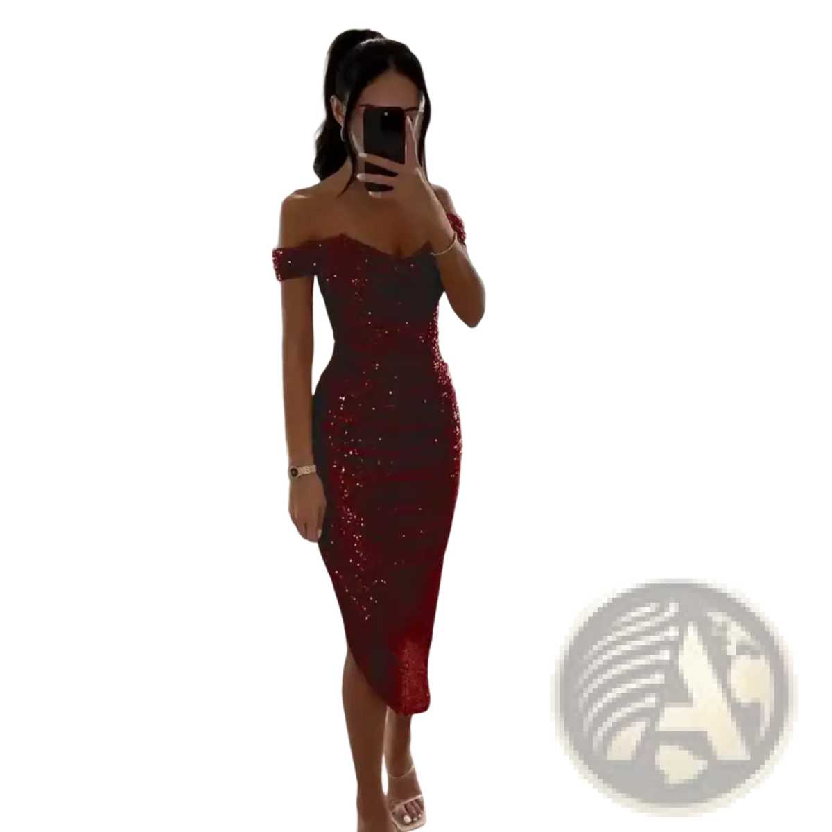 A shimmering red sequined off-the-shoulder evening midi dress with a fitted silhouette