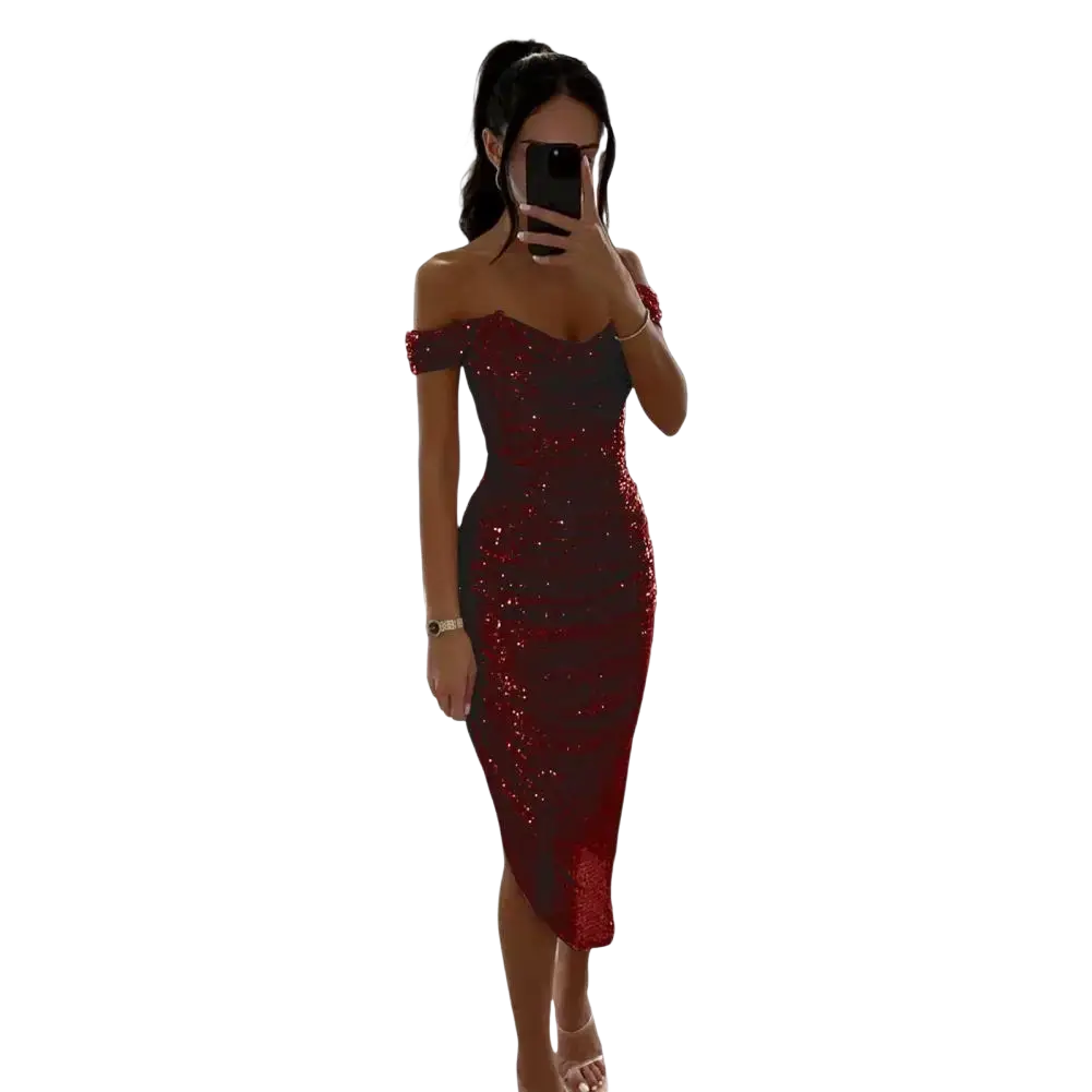 A shimmering red sequined off-the-shoulder midi dress with a fitted silhouette for evening wear