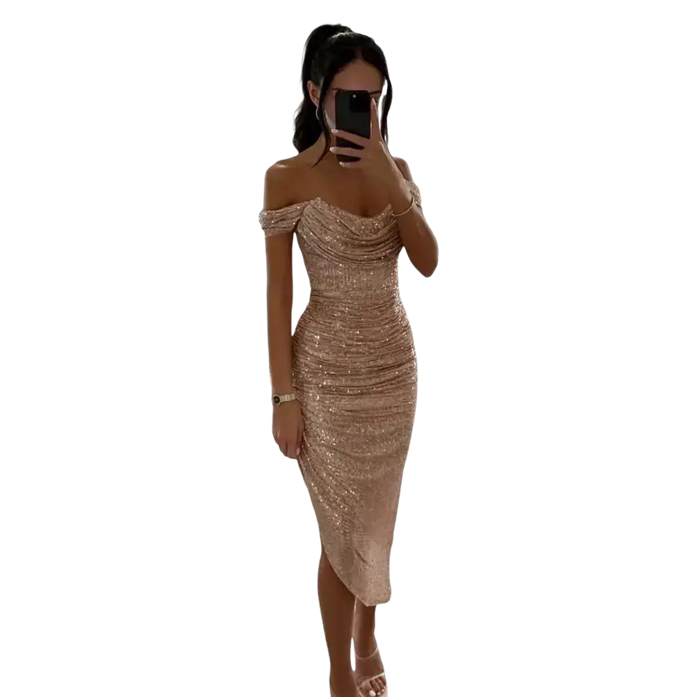 A shimmering rose gold sequined off-the-shoulder evening midi dress with ruched bodice and side slit