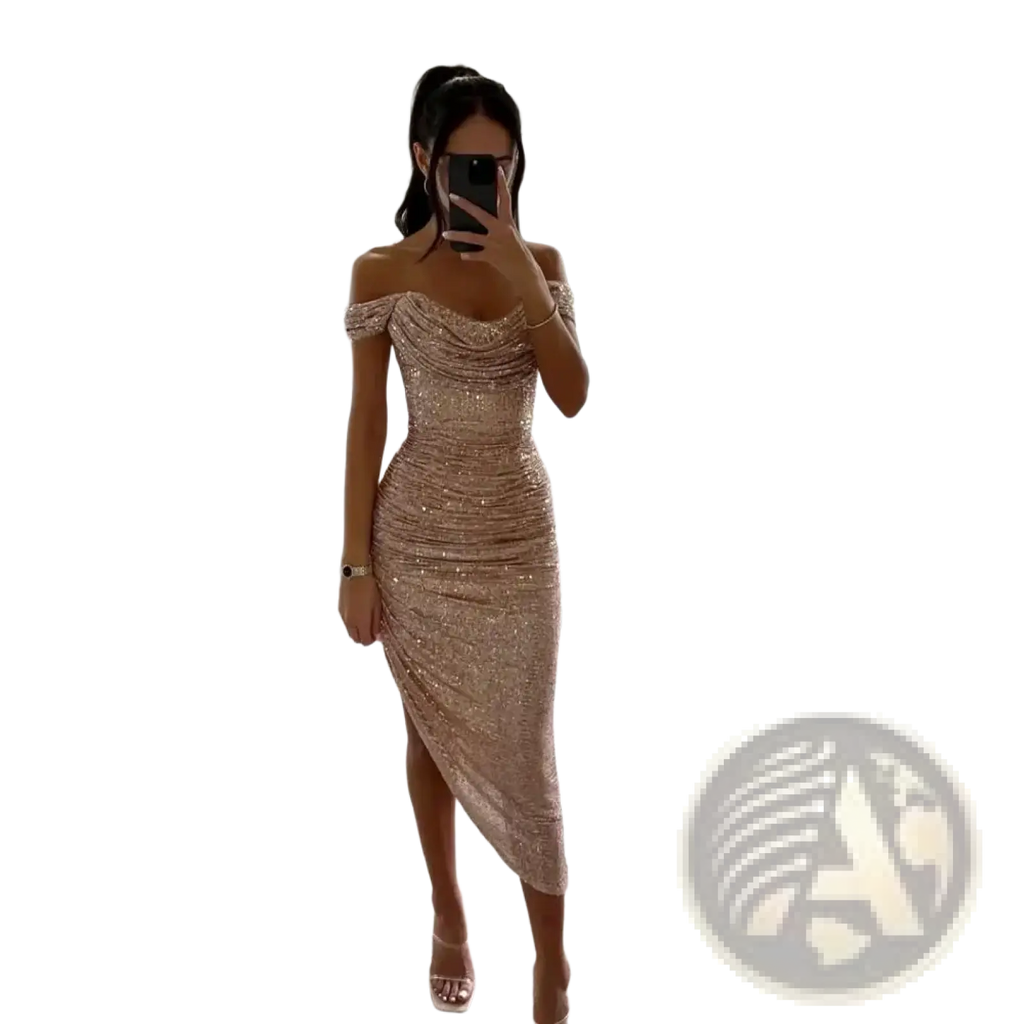 A shimmering rose gold sequined off-the-shoulder evening midi dress with ruched bodice and high slit