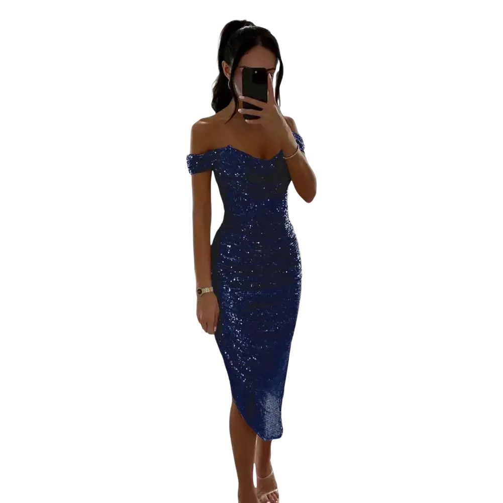 A shimmering royal blue sequined off-the-shoulder evening midi dress with a fitted silhouette and side slit